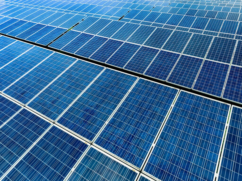 Aerial view of solar farm. Renewable energy for a sustainable future. Sustainable energy innovation.